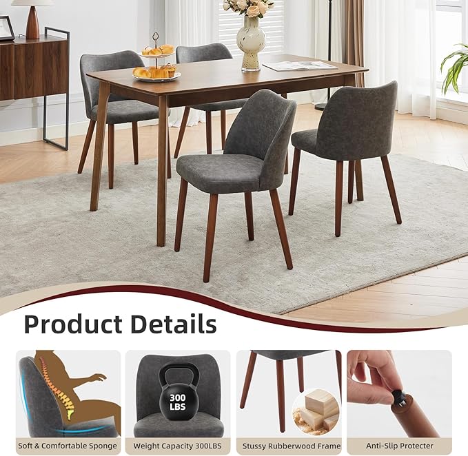 ElfinAura Dining Chair Set of 6, Leather Upholstered Dining Chair with Wood Legs, Wing Backrest, Wooden Kitchen Chair, Kitchen Chairs with Thick Cushions for Dining Room, Living Room, Dark Grey