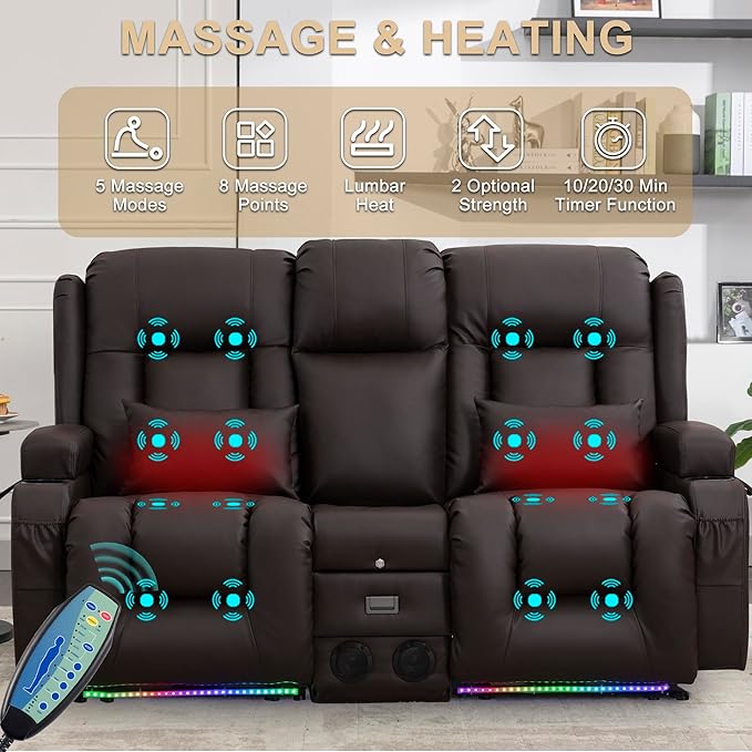 URRED Loveseat Recliner Sofa with Massage and Heat, Power Reclining Loveseat Sofa RV Couch with Console, Home Theater Seating with LED Lights, Bluetooth Speaker, USB, Outlets, Faux Leather, Dark Brown