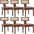 RIVOVA Mid Century Modern Dining Chairs Set of 6 Rattan Kitchen Chairs PU Leather Upholstered Side Chairs, Modern Kitchen Armless Solid Wood Dining Chairs, Brown