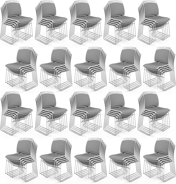 VINGLI Stackable Chairs Set of 100, Stacking Office Chairs with Metal Sled Base, Ergonomic Plastic Padded Seat & Back, Capacity 350lbs, Stacking Chairs for Waiting Room Break Room Banquet Guest, Gray