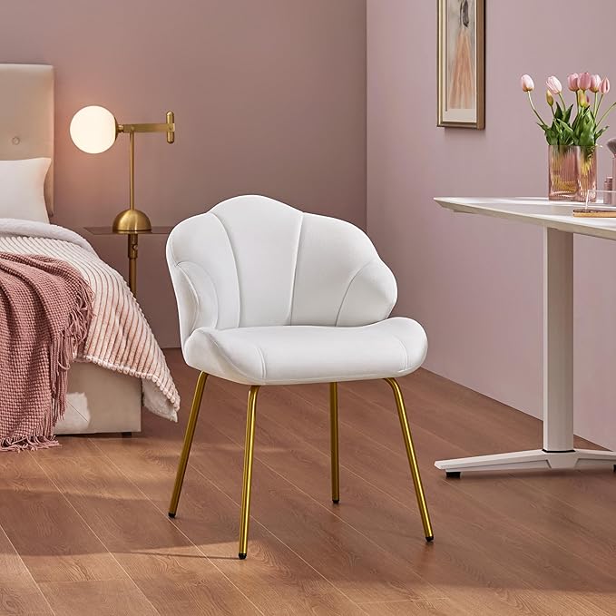 Yaheetech Vanity Chair, Velvet Accent Chair with Shell-Shaped Backrest, Modern Armchair with Gold Metal Legs for Dressing Room/Bedroom/Living Room, White