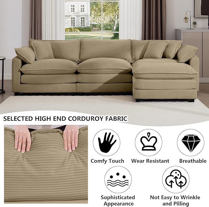 Aoowow Corduroy 3 Seater Cloud Couch with Ottoman,Modern Cloud Couches for Living Room,Modular Sectional Cloud Sofas with Deep Seat,Oversized Tufted L-Shaped Sofa Set (Tan, 3 Seater + 1 Ottoman)