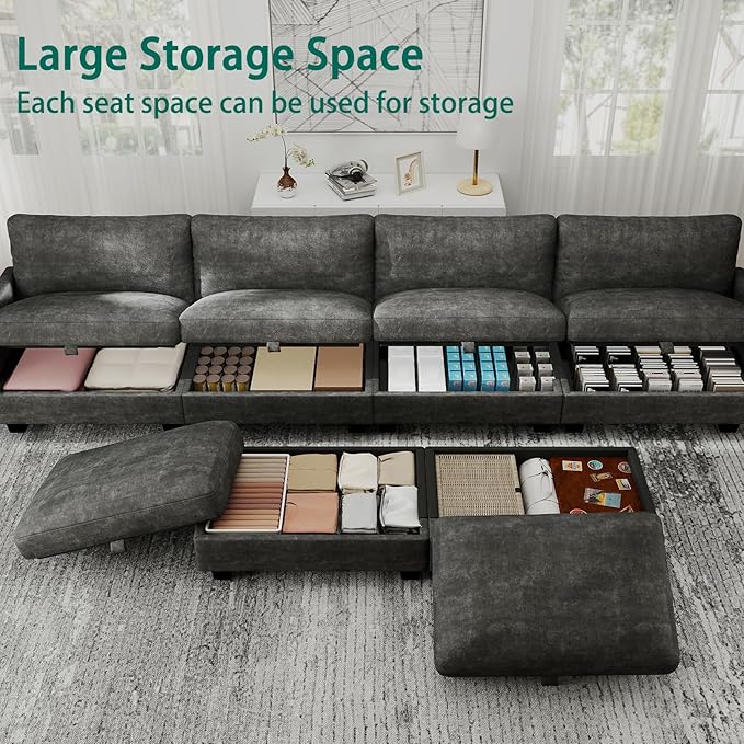 Modular Sectional U Shaped Sofa Couches for Living Room, Cloud Couch with Storage Ottoman, Comfy Chenille Sofa with Pillow, Dark Gray