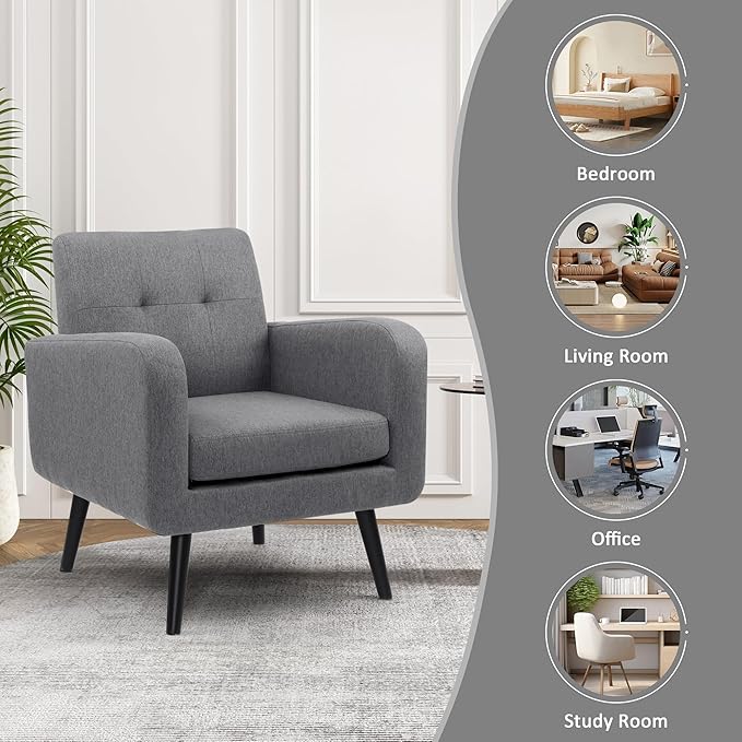 LSSPAID Modern Accent Chairs, Upholstered Fabric Cozy Armchairs, Living Room Side Chair with Solid Wood Legs, Gray