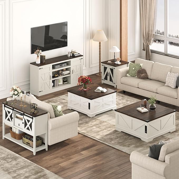 Hlivelood 40” Large Farmhouse Lift Top Coffee Table with Power Outlets and Large Hidden Storage, Square Wood Living Room Tables, Multi-Function Lift Wooden Barn Door Center Table, Rustic White
