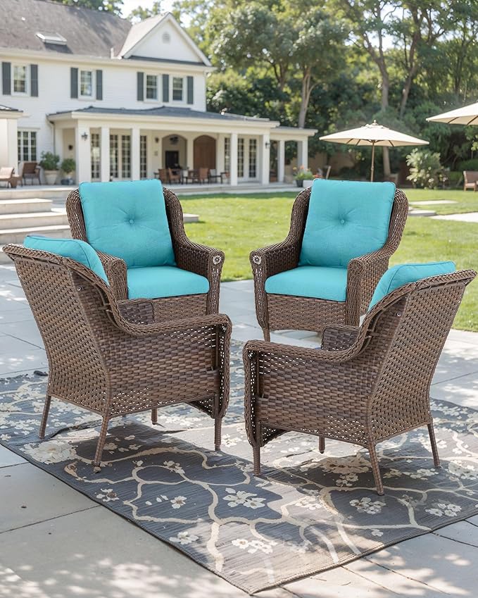 ACTREST Patio Wicker Chairs Outdoor Furniture Chair - Set of 4 Outside All Weather Lawn Dining Brown Rattan Armchair with High Back&Deep Seating for Deck Porch Balcony Backyard Garden - Turquoise
