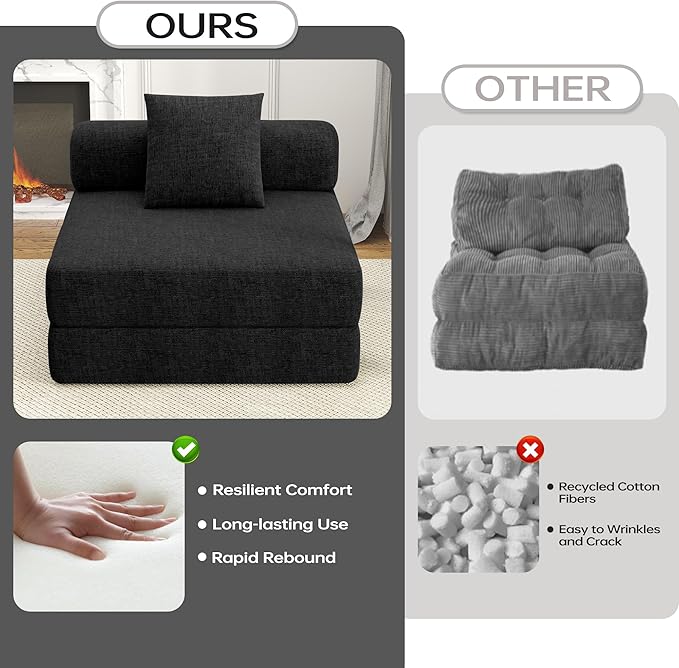 DURASPACE 39.2'' Folding Sofa Bed, Floor Foldable Futon with Memory Foam, Convertible Sleeper Chair with Back Support for Living Room (Chenille Black)