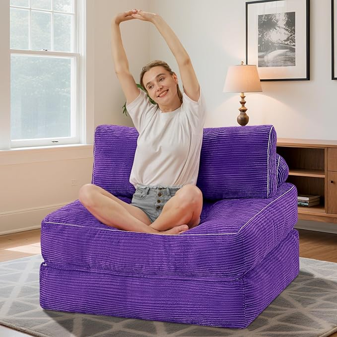 HABUTWAY Folding Sofa Bed, Convertible Sleeper Chair Bed w/Dual-Pillow & Handle, Foldable Floor Sofa Lounge w/Back Support for Living Room, Bedroom, Apartment, Office, Single, Purple