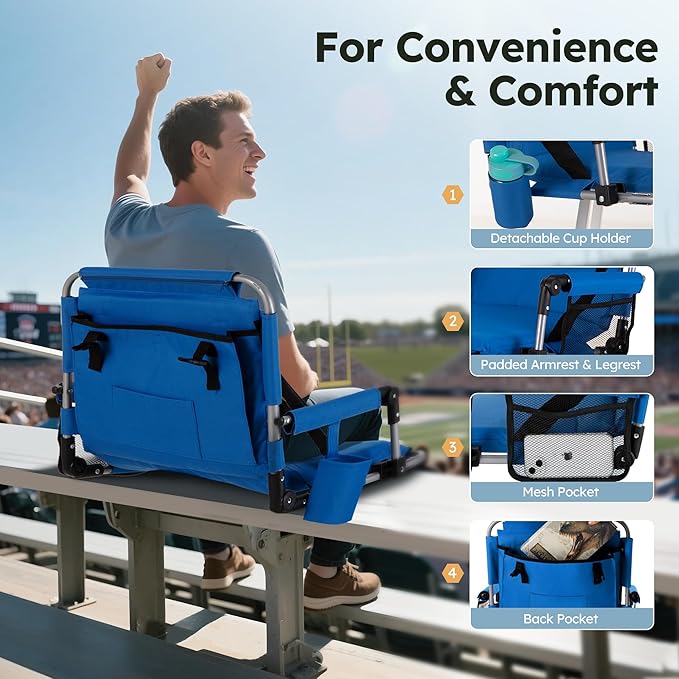 LET'S CAMP Folding Stadium Seat Bleacher Chair with Cup Holder, Mesh Bag and Hide Hooks, Portable Stadium Chair with Back and Cushion