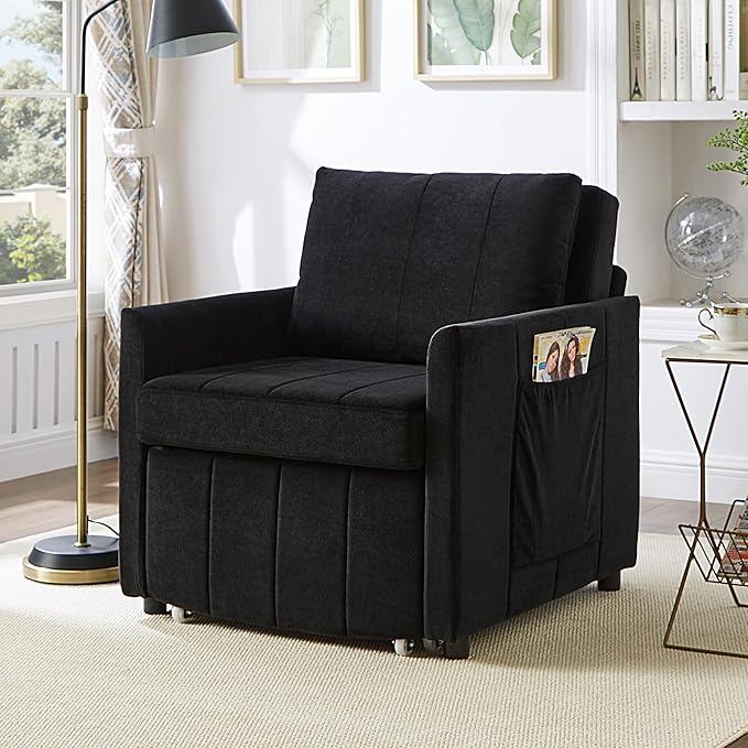 Merax 3-in-1 Convertible Sofa Bed Chair,Singe Pull Out Sleeper Couch with 5-Position Adjustable Backrest, Side Pockets and a Storage Basket, Fold Out Single Armchair, Black