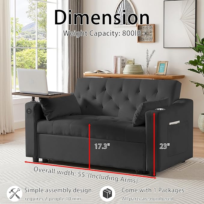 Auvsoce 53'' Convertible Sleeper Sofa Bed with Adjustable Backrest, Chaise Lounge, Side Table &Two Pillows – Stylish & Functional Addition to Any Living Room (Black Sofa)