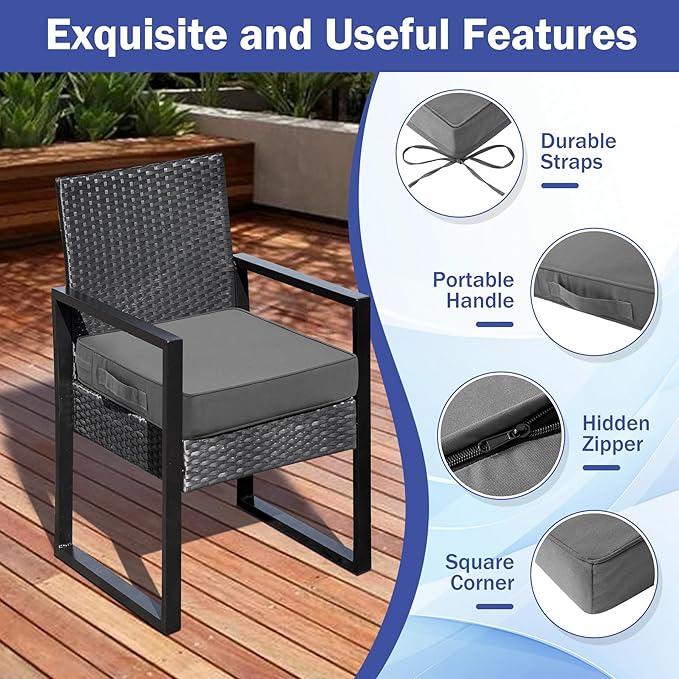 Patio Chair Cushions, 19" x 19" x 3" Outdoor Chair Cushions Set of 4, Waterproof Outdoor Cushions for Patio Furniture, Outdoors Seat Cushions Set of 4 with Handle and Ties, Grey