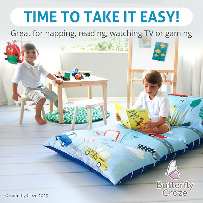Butterfly Craze Floor Pillow Case - Versatile Lounge Seat & Floor Bed - Custom Support for Sleeping Pad & Guest Bed - Machine Washable Cover & Ground Cushions - Queen Size, Cars Blue