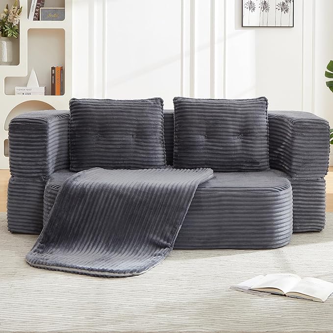 78.4" Convertible Sleeper Sofa Bed, Floor Couch Loveseat with Functional Blanket and 2 Soft Pillows,Corduroy Fabric Boneless Futon Couch for Living Room,Bedroom,Apartment (Dark Grey)