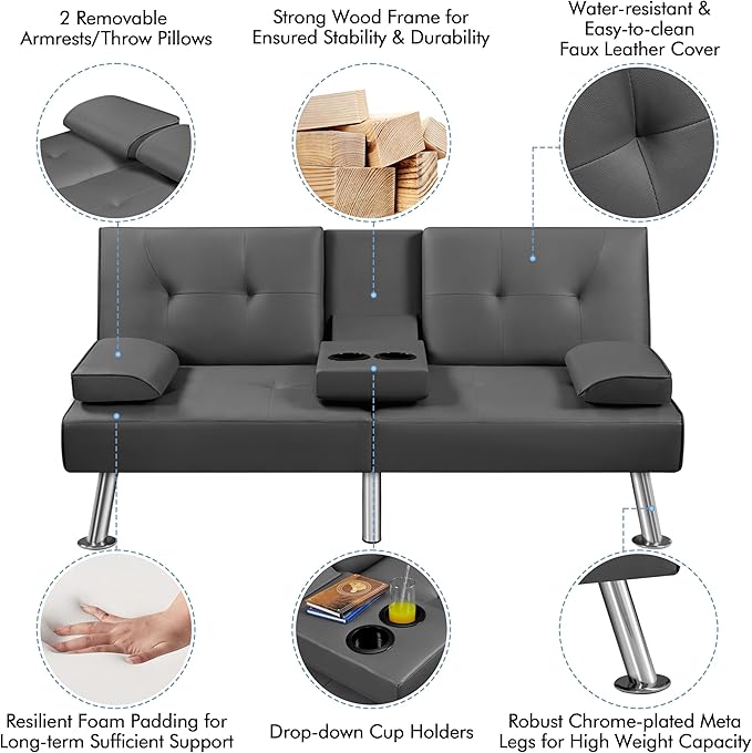 Yaheetech Convertible Sofa Bed Adjustable Couch Sleeper Modern Faux Leather Home Recliner Reversible Loveseat Folding Daybed Guest Bed, Removable Armrests, Cup Holders, 3 Angles, 772lb Capacity, Gray
