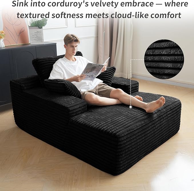 WJShome Oversized Chaise Lounge Chair Indoor, Plush Corduroy Boneless Sofa Bed, Cloud Reading Chair with Throw Pillow for Living Room (Black)
