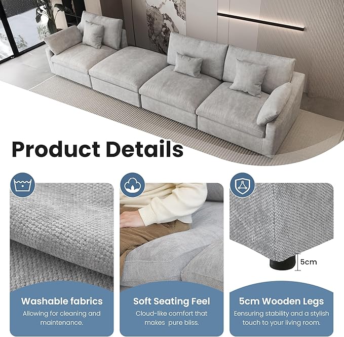 WJShome Cloud Modular Sectional Sofa Couch,156" Oversized U Shaped Sofa with Ottoman,Down Filled 8 Seater Convertible Bed Living Room Set,Covers Washable&Replaceable (Gray)