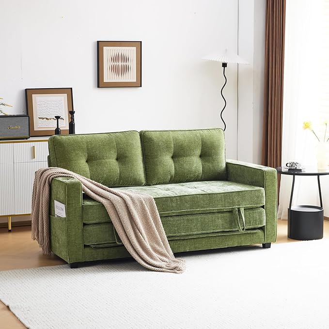 VINGLI Sofa Bed Full Size Pull Out Couch Bed Olive Green Futon Couch 64" W 84" L Loveseat Sleeper Floor Couches for Living Room Convertible Loveseat Sofa Foldable Sofa Bed