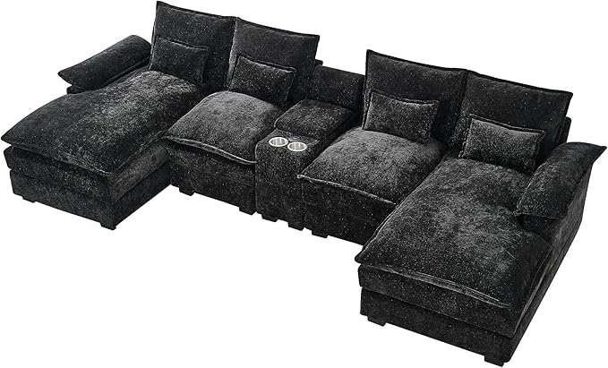 HYJT-H&K 124" U Shaped Cloud Couch Sectional, Comfy Fluffy Chenille Black Sectional Couches for Living Room, Modern Modular Sectionals Sofa with Central Console Double Chaise Lounge Black Grey