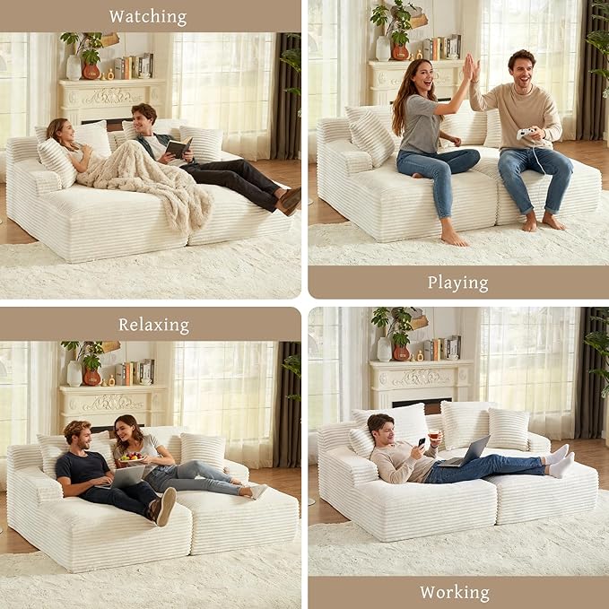 VEPXXP 80" Double Chaise Lounge Chair Indoor, Oversized Boneless Couch Comfy Upholstered Sleeper Sofa Bed with 4 Pillows, Corduroy Cloud Loveseat Chair for Living Room No Assembly Required, White