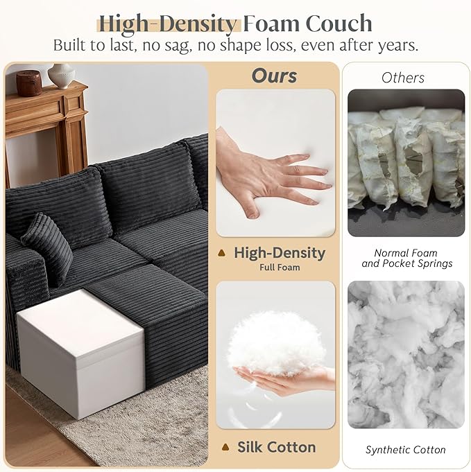 MODNEST 108" Modular Sectional Sofa Cloud Couch with Deep Seats, L Shape Couch with Chaise and Movable Ottoman, Sectional Couches for Living Room, Comfy Boneless Couches No Assembly Required, Grey
