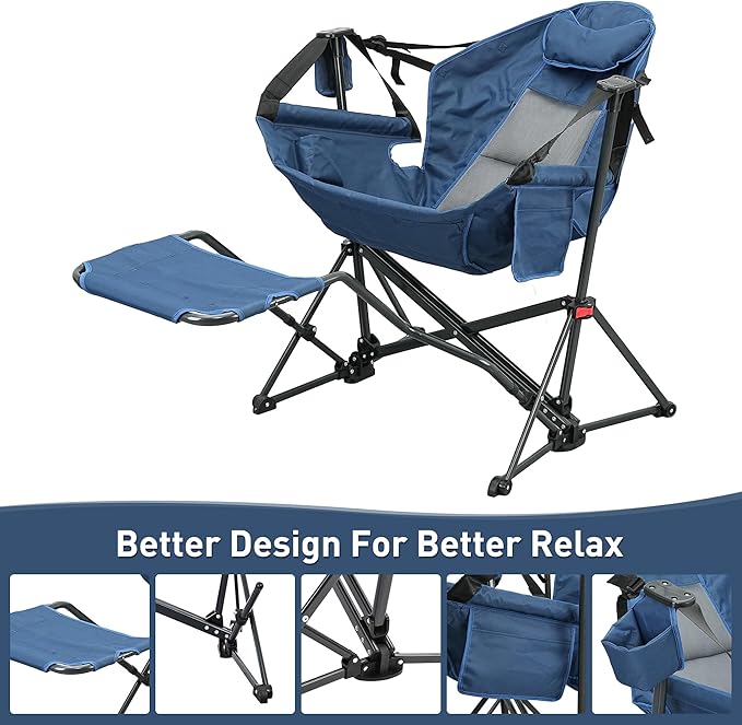 GDY Camping Chairs, Oversized Hammock, Folding Rocking Chairs, Adjustable Back Swing Chairs, Cup Holder, Outdoor Beach Lawn, Navy Blue.