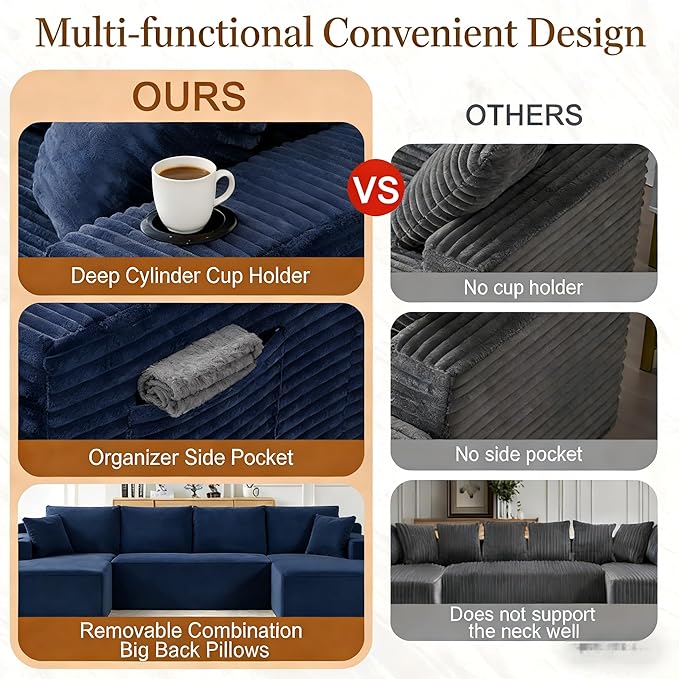 134" Modular Cloud Sectional Sleeper Sofa Couch for Living Room, U Shaped 6 Seat Sofa with 2 Storage Pockets, 2 Pillows & 2 Cup Holders, No Assembly Required (Blue)