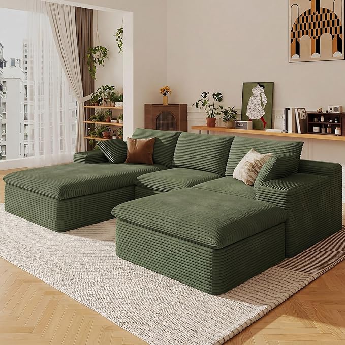107" Cloud Sectional Couch with U-Shaped Chaise,Corduroy Viral Boneless Sofa with Ottoman,Memory Foam Couches in a Box with Deep Seat for Living Room,No Assembly Required (Green,Left-Facing Chaise)