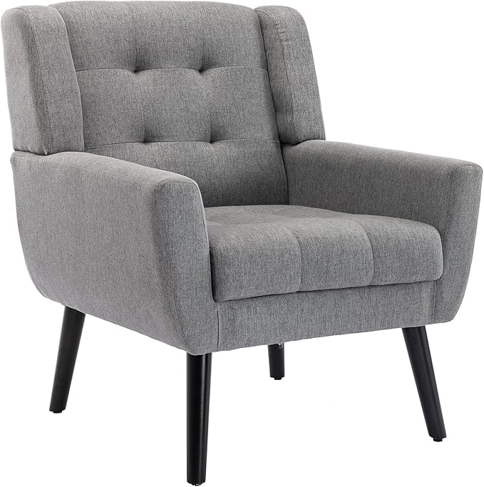OO BY ORANGE ONLINE Linen Accent Chair, Mid-Century Modern Tufted Armchair for Living Room, Bedroom & Office (Light Gray)