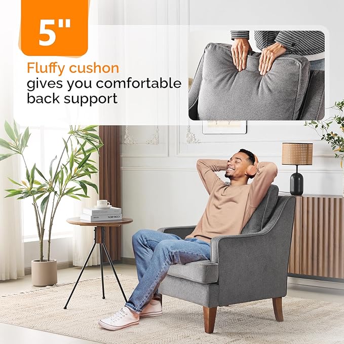 VINGLI Mid-Century Modern Accent Chairs Set of 2, Light Grey Upholstered Armchair Comfy Sofa Chairs Reading Chair High Back for Living Room Bedroom Furniture Apartment