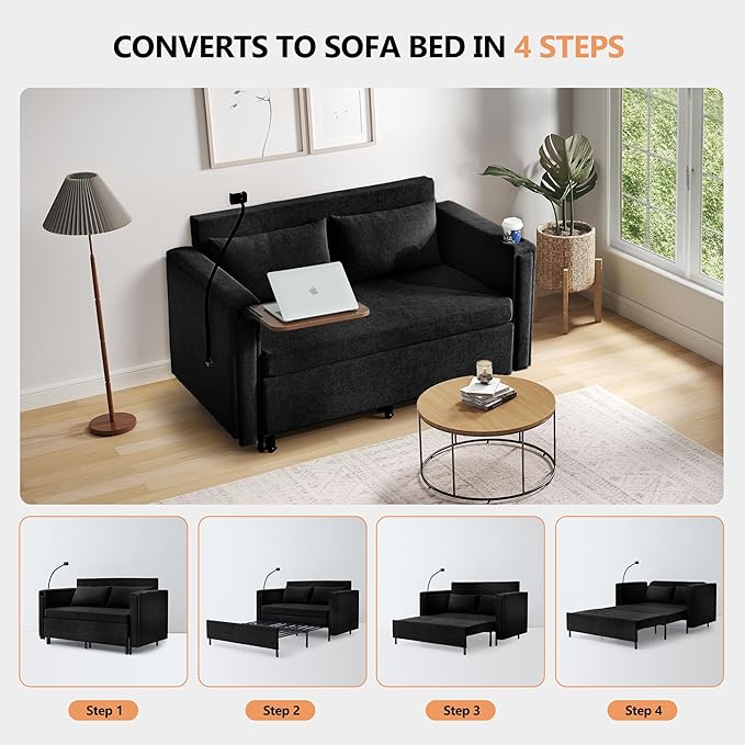 ORRD Pull Out Sofa Bed, 2-in-1 Multi-Functional Sleeper Couch Small Loveseat Bed with Hidden Side Table, Phone Holder and Cup Holder for Living Room, Small Space, Apartment (Black)