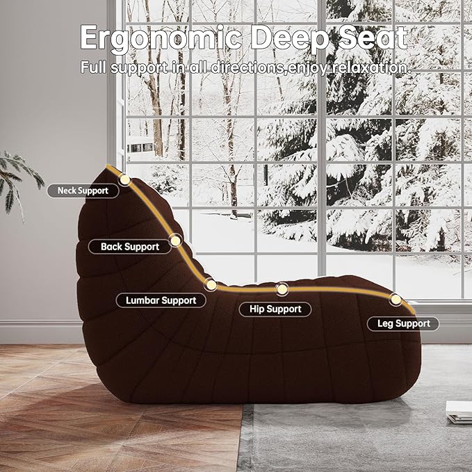 Bean Bag Chairs for Adults, BeanBag Reading Chair Memory Foam Couch, Floor Chair Soft Teddy Material, Comfy Reading Nook Chairs for Bedroom Living Room Office (Brown)