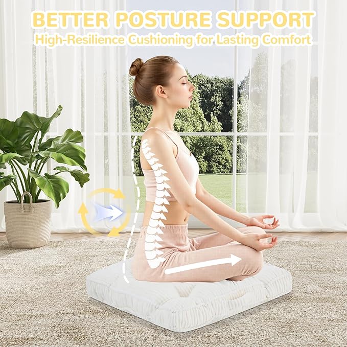 PRIMEPATIO Square Floor Pillow for Adults, Tufted Floor Cushion for Sitting, Large Meditation Cushion, Thick Corduroy Seat with Handle, Tatami Seating for Yoga, 24x24 Inch Beige, 2Pack