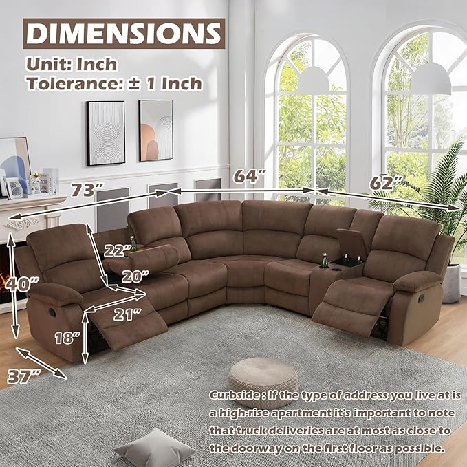 SIENWIEY Manual Recliner Sectional Sofa for Living Room,L Shaped Reclining Sectional Corner Couch with Sofa,Brown Fabric Recliner Sofa Set with Storage Console/Drop Down Coffee Table/Cup Holders