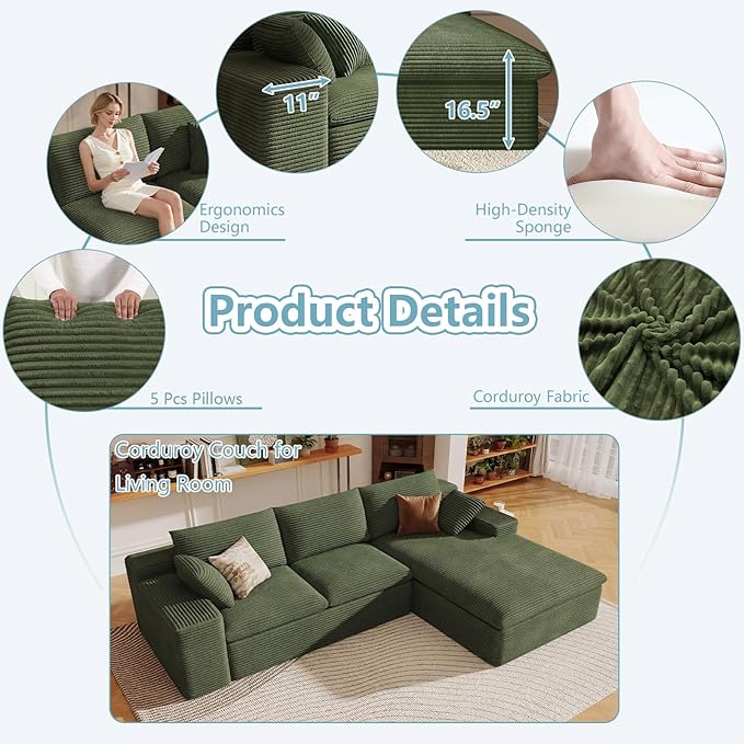 107" Cloud Sectional Couch with L-Shape Chaise,Corduroy Viral Boneless Sofa for Living Room,Modern Memory Foam Couches in a Box with Deep Seat,No Assembly Required (Green,Right-Facing Chaise)