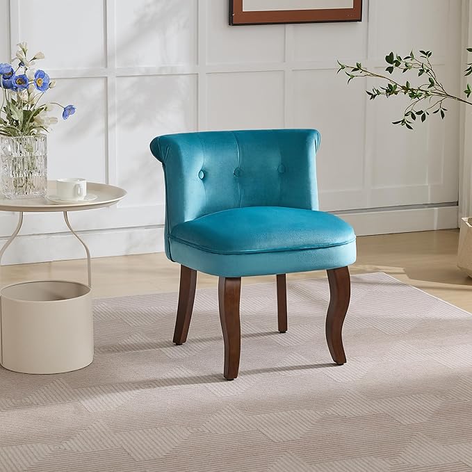 WUTUTUEE Velvet Vanity Chair with Back, Tufted Upholstered Vanity Stool with Solid Wood Legs, Mid Century Small Makeup Chair for Vanity, Accent Chair for Bedroom, Living Room, Teal