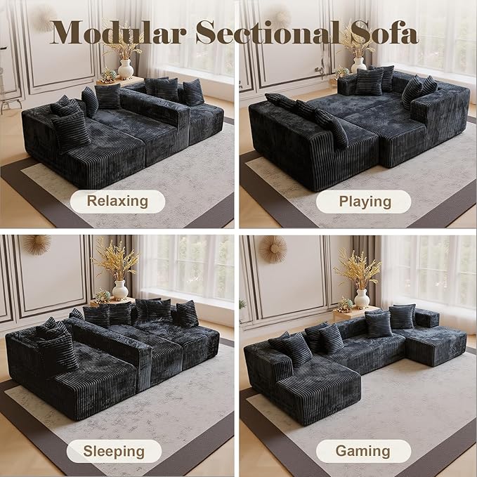 130'' U Shaped Couched for Living Room, Cloud Modular Sectional Couch with 2 Chaise Lounge, Modern Minimalist Upholstered Sofa Sleeper Deep Seat Corner Couch, No Assembly Required Dark Grey