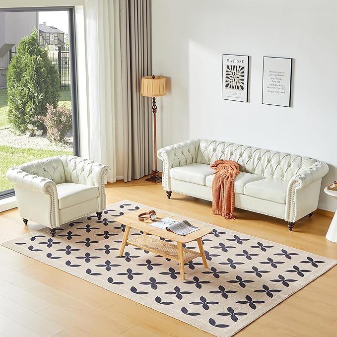 QHITTY Accent Large Sofa, Chesterfield Couch 3 Seater Modern Leather Couch Upholstered Sofa with Tufted Back for Living Room Furniture (White)
