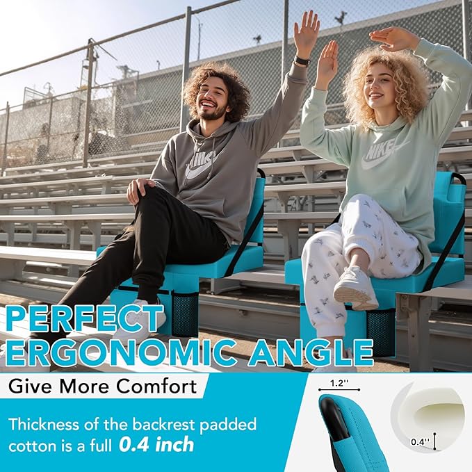 Stadium Seat 2 Pack for Bleachers with Back Support,Portable Bleacher Chairs with Back and Cushion，Cyan