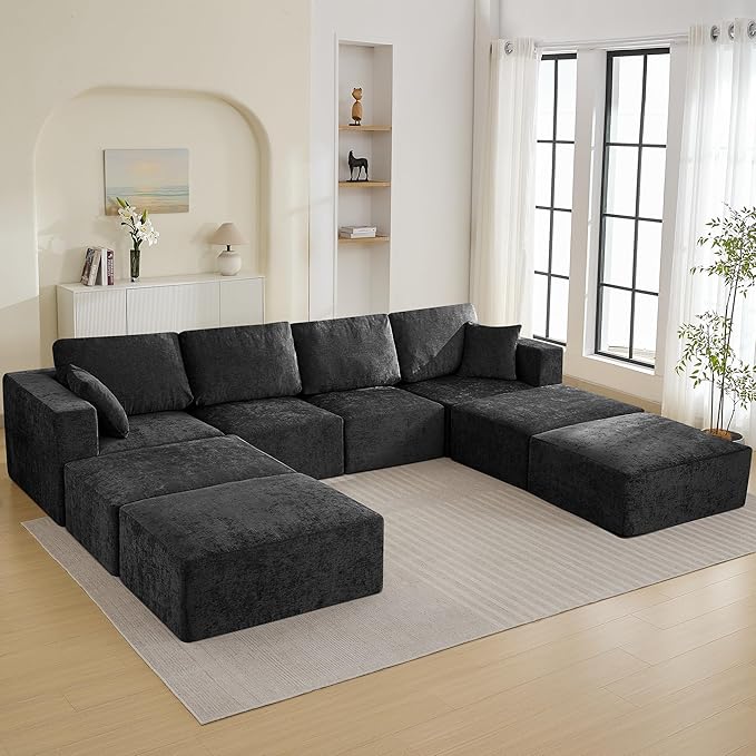 146'' Oversized Boneless Sofa Bed, 4 Seater Modular Sectional Couch with 4 Moveable Ottoman, No Asswmbly Chenille Compression Sofas with Chaise for Home House, Black