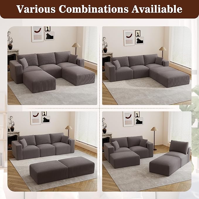 110" Modular Sectional Sofa, Boneless Couch U Shaped Memory Foam Cloud Couch with Chaise, Cozy Upholstered Corduroy Floor Couch, No Assembly Required Living Room Furniture for Apartment Home, Grey