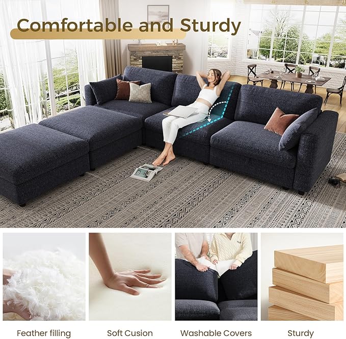 KKL Sofa Couches for Living Room - 113" Modular Sectional Couch Down Filled Sectional Sofa with Adjustable Backrest, Oversize Cloud Deep Couch 5 Seater with Storage Ottoman Chenille, Blue