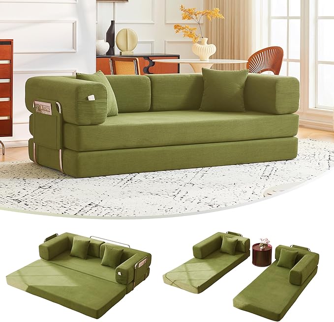 79" Convertible Sofa Bed with Pillows, Corduroy Folding Sleeper Sofa with Fixed-Shape Frame, Boneless Couch for Living Room Bedroom, Floor Sofa Lounge No Assembly Required (A - Style - Olive Green)