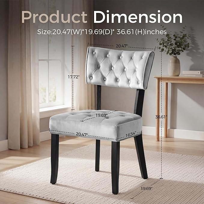 UVV Upholstered Dining Chairs Set of 2, Mid Century Modern Tufted Kitchen Chairs Dining Room Chairs, Velvet Dinner Chair with Wood Legs for Dining Room Kitchen, Light Grey-Black Legs