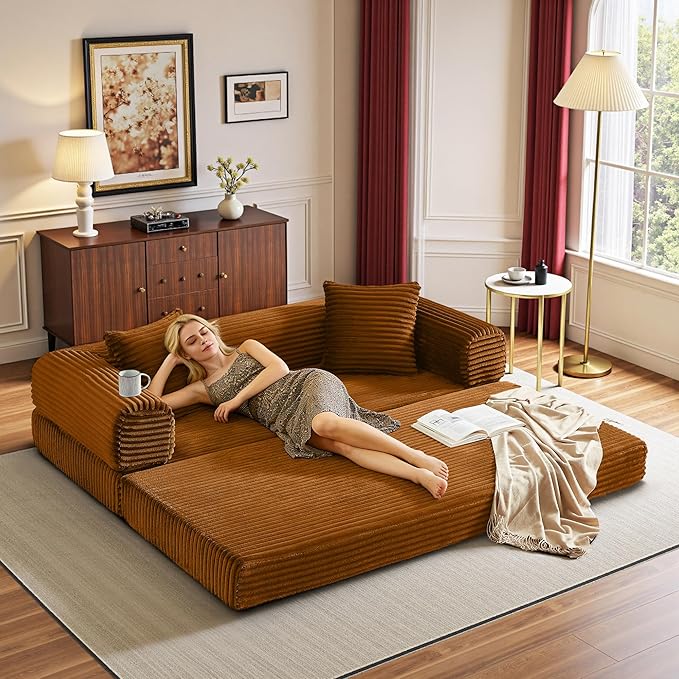 Chorlenimi Boneless Couch Futon Sofa Bed Sectional Couches for Living Room,Cloud Couch with Sleeper Sofa,Sofas for Living Room Oversized Corduroy Upholstered (Orange, 76 Inches (No Iron Frame))