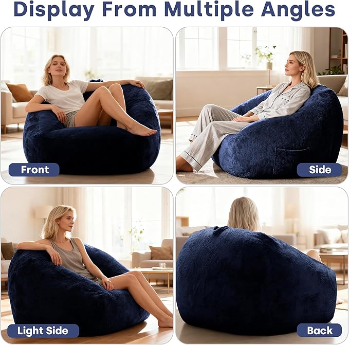 SUNBURY 47.2" L-Shaped Bean Bag Chair with Arms, Memory Foam Filled Lazy Sofa with Portable Handle & Side Pocket, Plush Floor Chair for Adults, Game Room, Bedroom, Living Room (Blue)