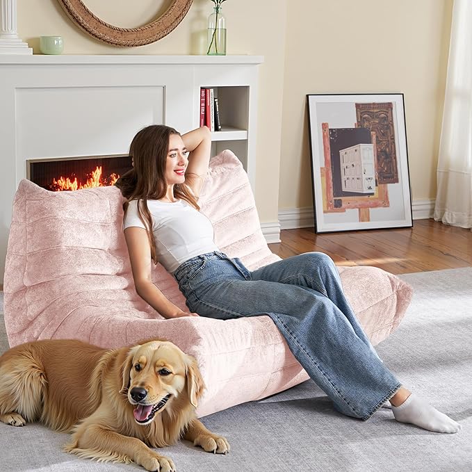 HABUTWAY Bean Bag Chair, Giant Bean Bag Chairs for Adults, Loveseat Fireside Chair, 2 Seater Lazy Bean Bag Sofa Memory Foam Couch for Living Room, Bedroom, Office (Pink)