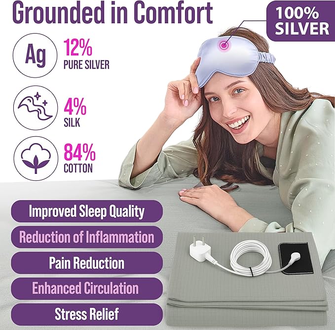 Earth Grounding Sheets Queen Size with 12% Silver Fiber & 4% Silk & 84% Cotton - Green - SGS Quality Certified Grounded Well Bed Sheet - Conductive Fitted Sheet for Better Sleep