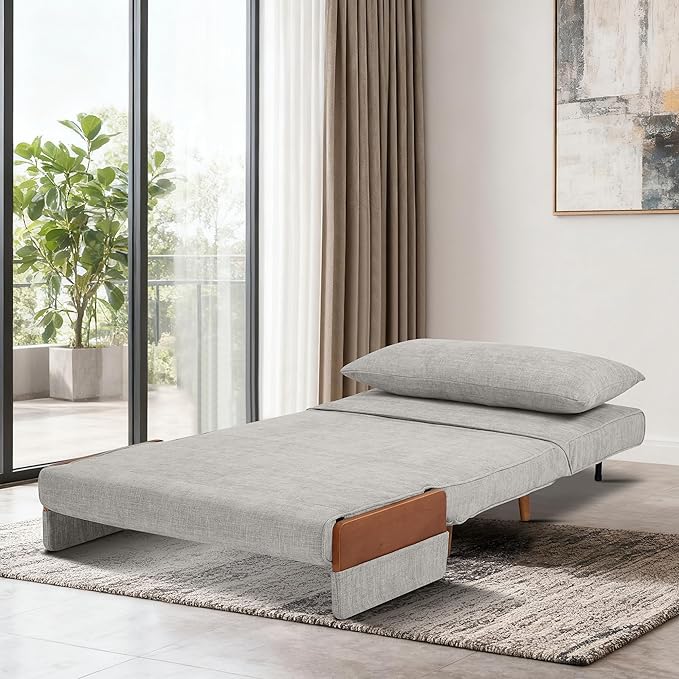CITTANEO 42" Convertible Sleeper Chair, 3-in-1 Chair Bed Sleeper for Adults with Adjustable Backrest, Pillow & Wooden Arms, Loveseat Sofa Bed for Apartment, Office, Medium Gray