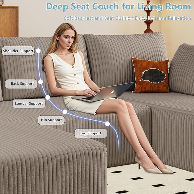 96" W Cloud Sectional Couch with Ottoman,Modern U-Shaped Cloud Couch with Deep Seat,Comfy Corduroy 3-Seater Sofa,Memory Foam Sofa for Living Room,No Assembly (Camel,Right-Facing Chaise)